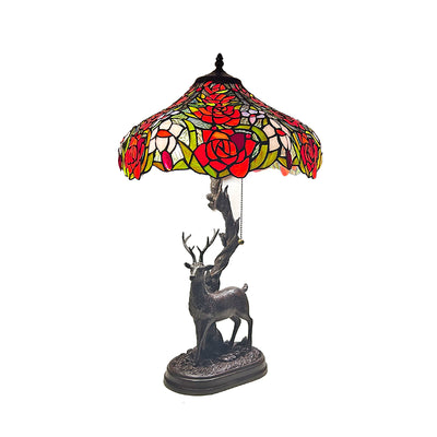 Traditionelle Tiffany-Glas-Eisenkuppel-Hirschfuß-Rosenblume 2-Licht-Tischlampe für Schlafzimmer 