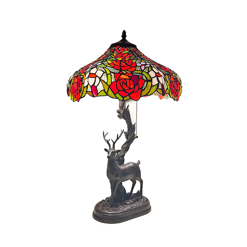 Traditionelle Tiffany-Glas-Eisenkuppel-Hirschfuß-Rosenblume 2-Licht-Tischlampe für Schlafzimmer 