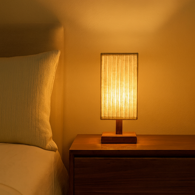 Traditional Japanese Walnut Fabric Square Column 1-Light Table Lamp For Living Room & Bedroom
