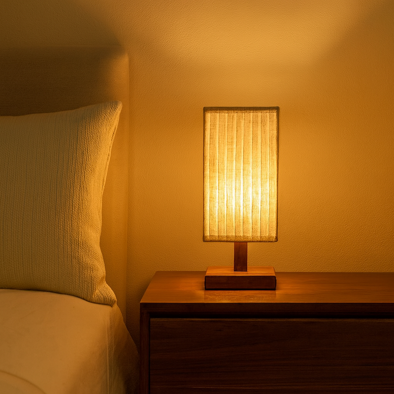 Traditional Japanese Walnut Fabric Square Column 1-Light Table Lamp For Living Room & Bedroom