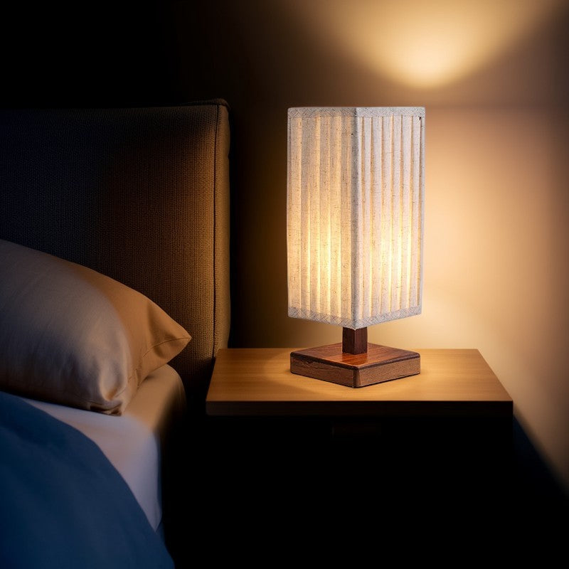 Traditional Japanese Walnut Fabric Square Column 1-Light Table Lamp For Living Room & Bedroom
