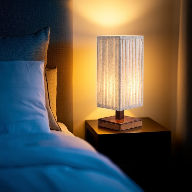 Traditional Japanese Walnut Fabric Square Column 1-Light Table Lamp For Living Room & Bedroom
