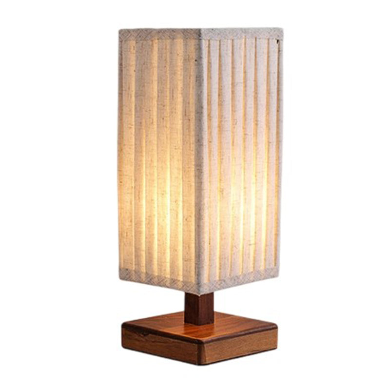 Traditional Japanese Walnut Fabric Square Column 1-Light Table Lamp For Living Room & Bedroom