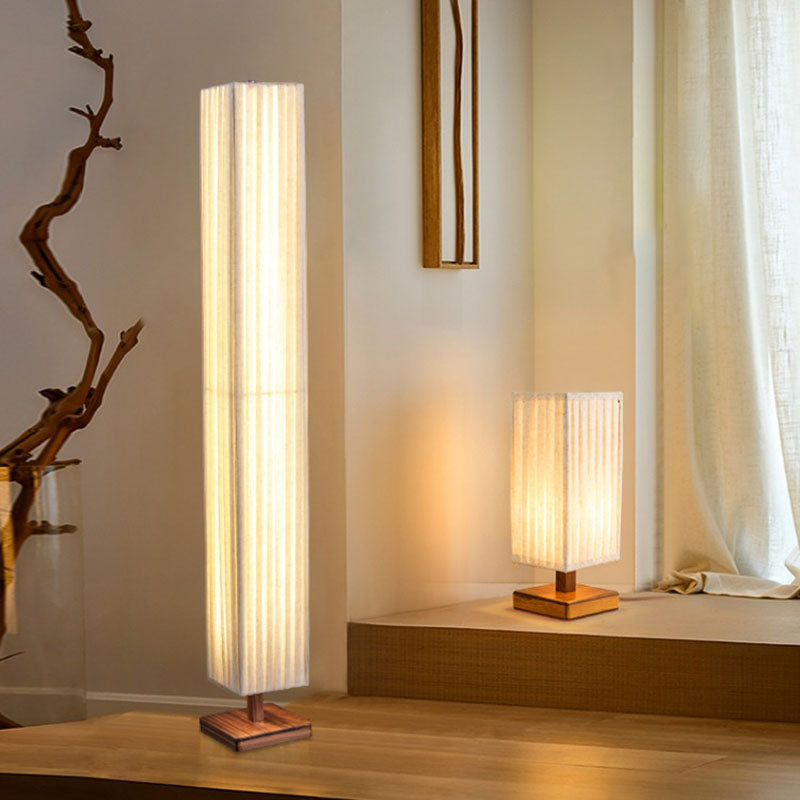 Traditional Japanese Walnut Fabric Square Column 1-Light Table Lamp For Living Room & Bedroom