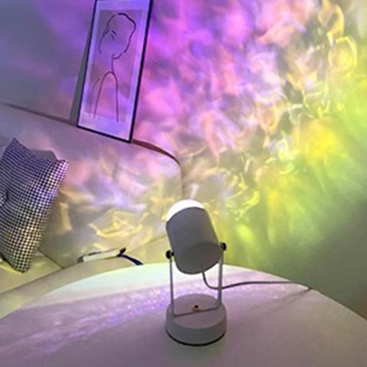 Lámpara de mesa ambiental LED de cilindro de hierro PVC con ondas de agua USB de simplicidad moderna para dormitorio 