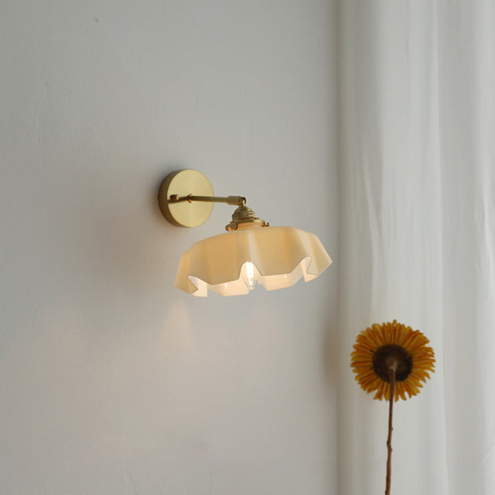Traditional French Glass Brass Iron Pleated Hanging 1-Light Wall Sconce Lamp For Bedroom