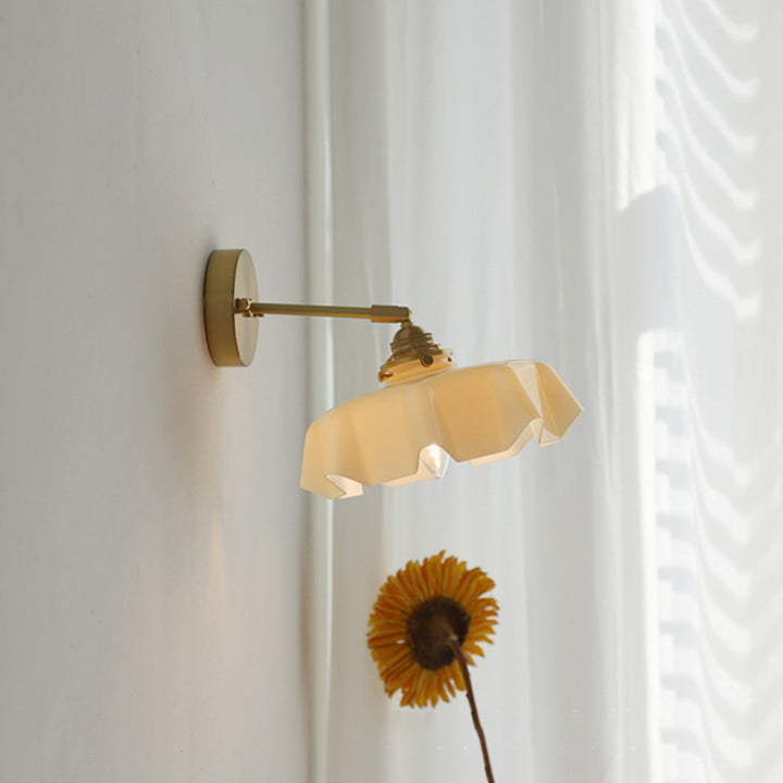 Traditional French Glass Brass Iron Pleated Hanging 1-Light Wall Sconce Lamp For Bedroom
