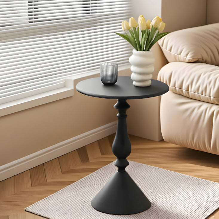 Table basse ronde moderne minimaliste en fibre de densité moyenne et métal avec base style bougeoir pour salon 