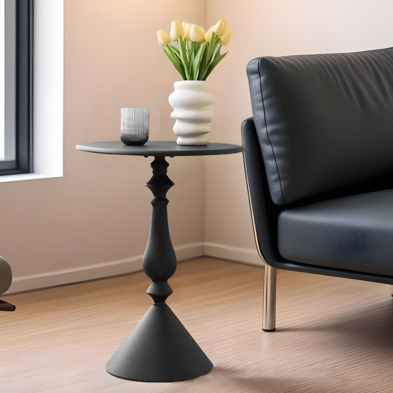 Table basse ronde moderne minimaliste en fibre de densité moyenne et métal avec base style bougeoir pour salon 