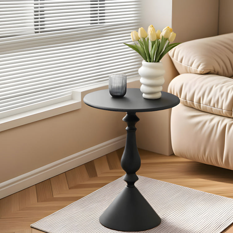Table basse ronde moderne minimaliste en fibre de densité moyenne et métal avec base style bougeoir pour salon 