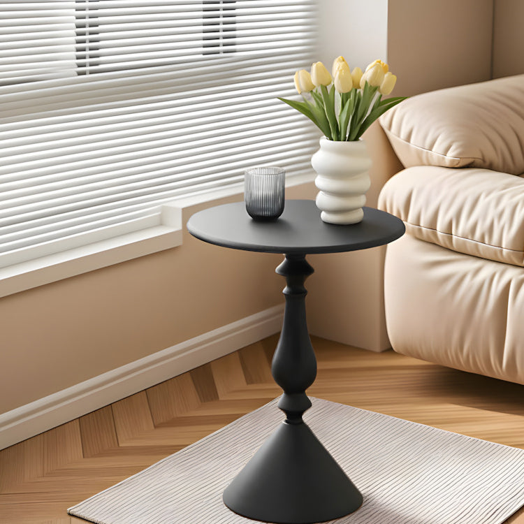 Table basse ronde moderne minimaliste en fibre de densité moyenne et métal avec base style bougeoir pour salon 