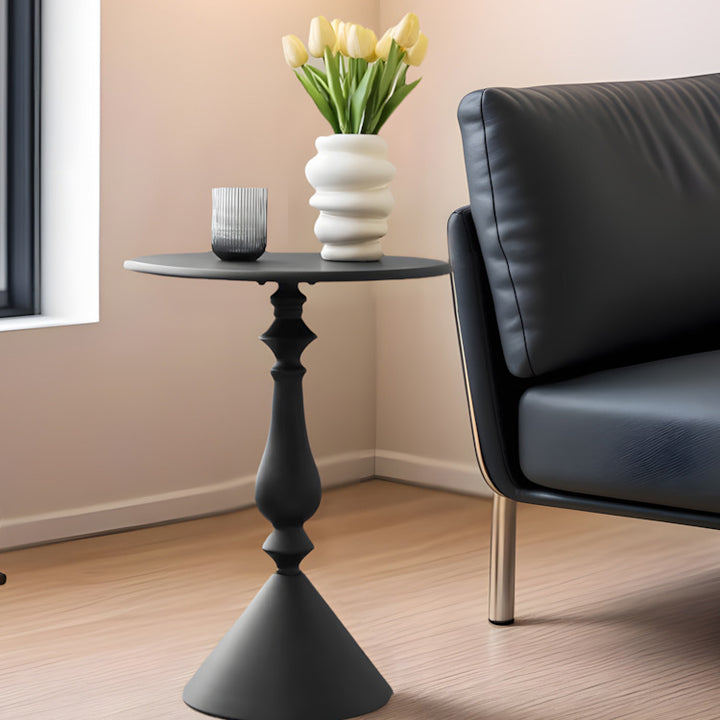 Table basse ronde moderne minimaliste en fibre de densité moyenne et métal avec base style bougeoir pour salon 