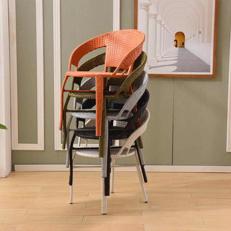 Modern Minimalist Metal &amp; PE Rattan Round Handwoven Dining Chair With Backrest For Outdoor Patio