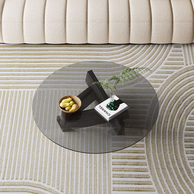 Modern Minimalist Solid Wood & Tempered Glass Round Mortise Base Coffee Table For Living Room