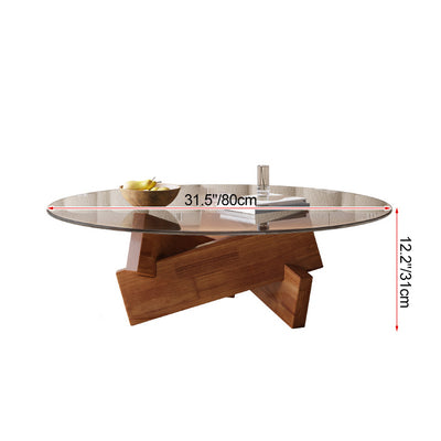 Modern Minimalist Solid Wood & Tempered Glass Round Mortise Base Coffee Table For Living Room