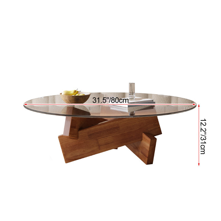Modern Minimalist Solid Wood & Tempered Glass Round Mortise Base Coffee Table For Living Room