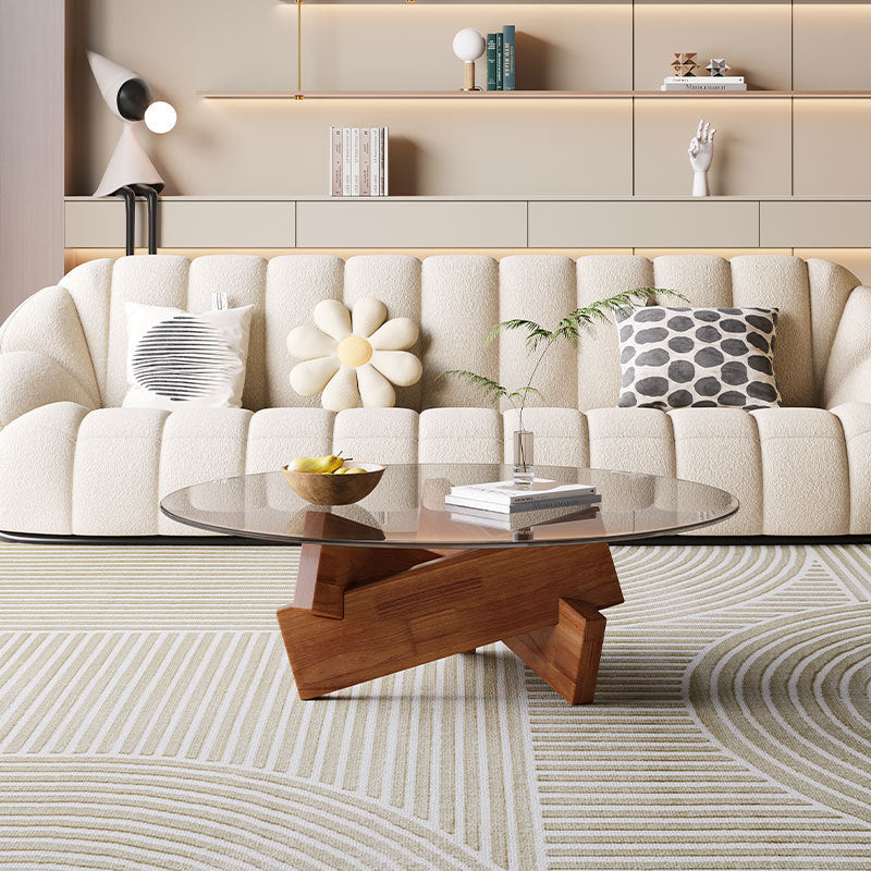 Modern Minimalist Solid Wood & Tempered Glass Round Mortise Base Coffee Table For Living Room