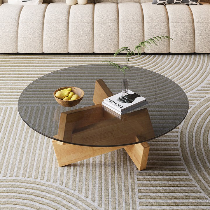 Modern Minimalist Solid Wood Plywood &amp; Tempered Glass Round Mortise Base Coffee Table For Living Room
