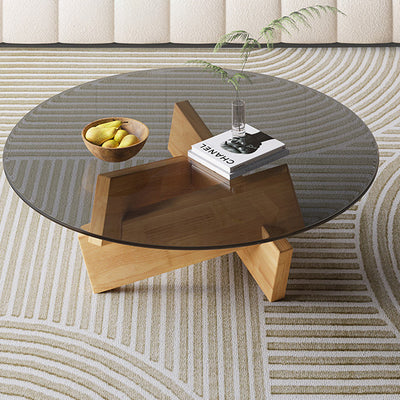 Modern Minimalist Solid Wood & Tempered Glass Round Mortise Base Coffee Table For Living Room