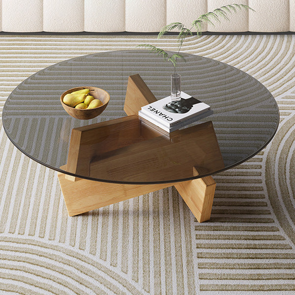 Modern Minimalist Solid Wood & Tempered Glass Round Mortise Base Coffee Table For Living Room