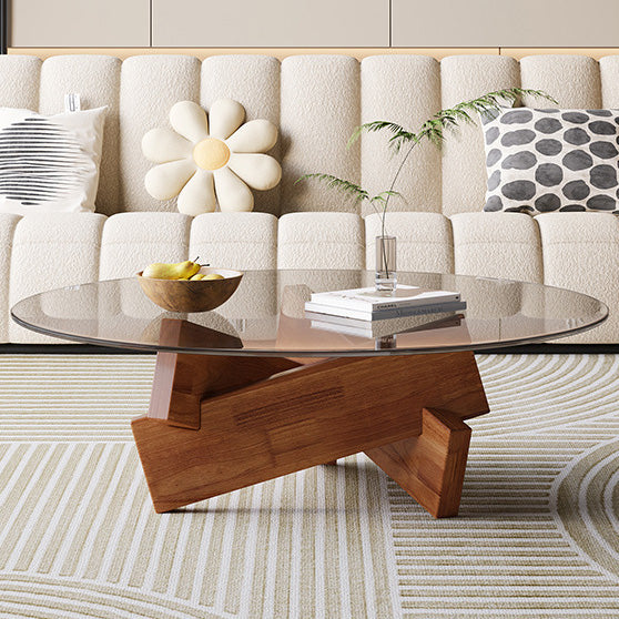 Modern Minimalist Solid Wood Plywood &amp; Tempered Glass Round Mortise Base Coffee Table For Living Room