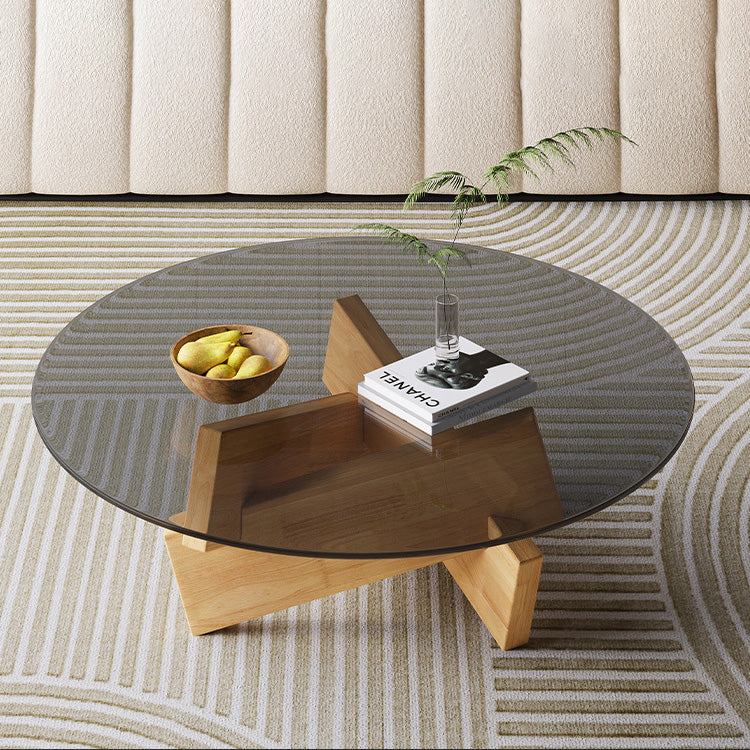 Modern Minimalist Solid Wood & Tempered Glass Round Mortise Base Coffee Table For Living Room