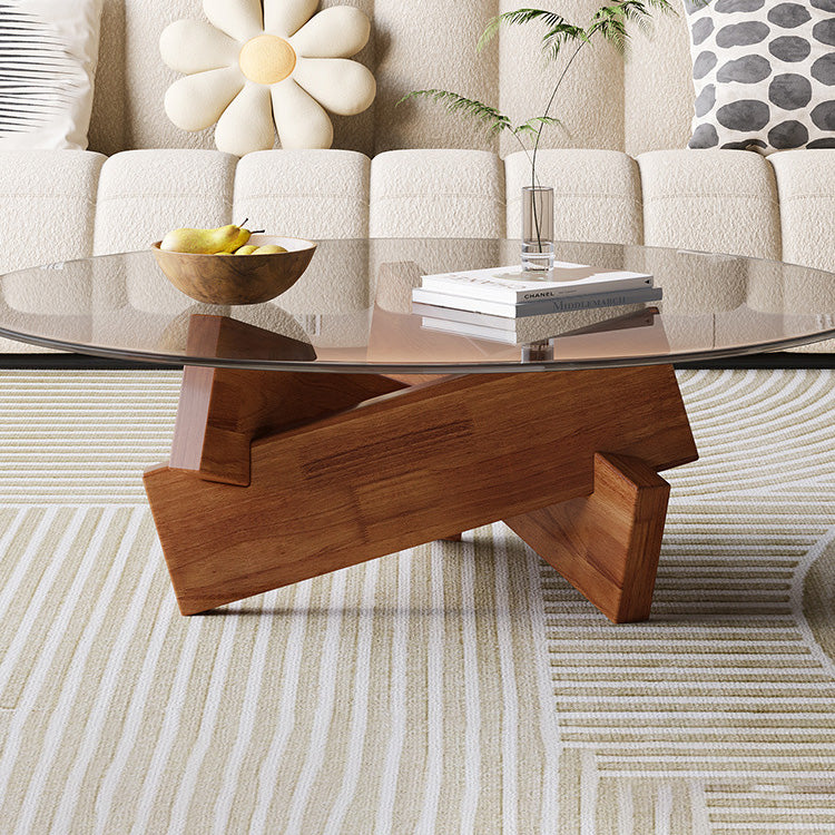 Modern Minimalist Solid Wood Plywood &amp; Tempered Glass Round Mortise Base Coffee Table For Living Room