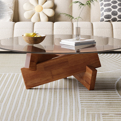 Modern Minimalist Solid Wood & Tempered Glass Round Mortise Base Coffee Table For Living Room