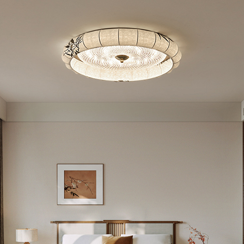 Plafonnier LED rond encastré en alliage de fer et de zinc, tissu acrylique, en chinois traditionnel, pour chambre à coucher 