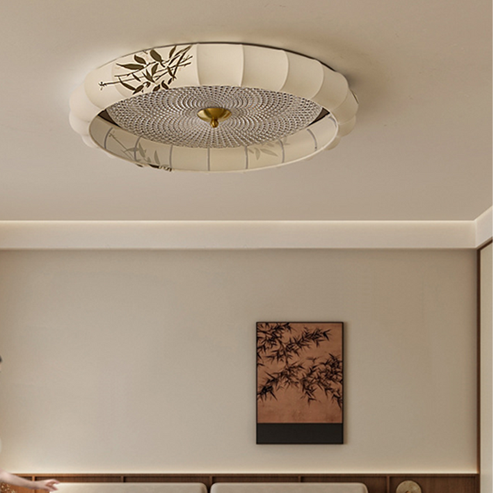 Plafonnier LED rond encastré en alliage de fer et de zinc, tissu acrylique, en chinois traditionnel, pour chambre à coucher 
