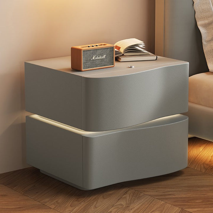 Contemporary Creative Solid Wood Microfiber Leather Rounded Square Nightstand 2-Drawer For Bedroom