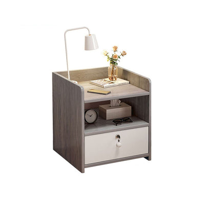 Table de chevet carrée arrondie en bois et métal minimaliste moderne avec 1/2 tiroirs pour chambre 