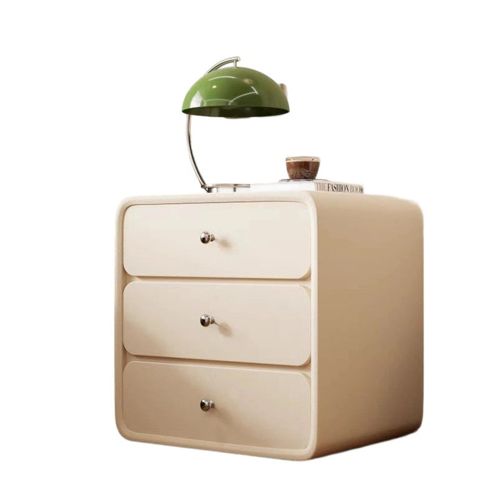 Mesita de noche rectangular redondeada de madera maciza y cuero de lujo moderno para gatos con 3 cajones para el dormitorio 