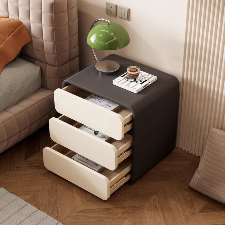 Mesita de noche rectangular redondeada de madera maciza y cuero de lujo moderno para gatos con 3 cajones para el dormitorio 