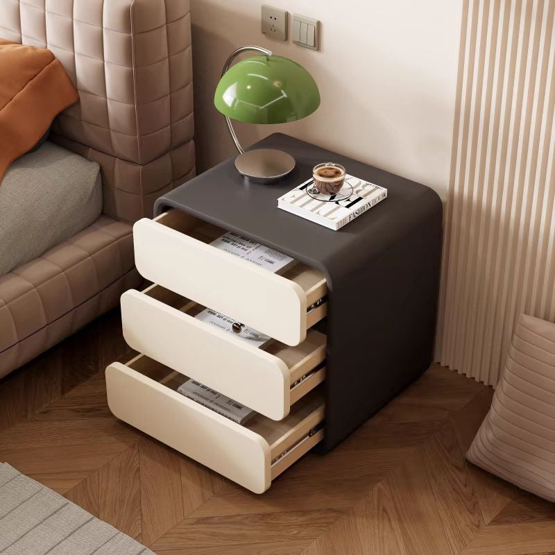 Modern Luxury Cat Scratch Leather Solid Wood Rounded Rectangular Nightstand With 3 Drawers For Bedroom