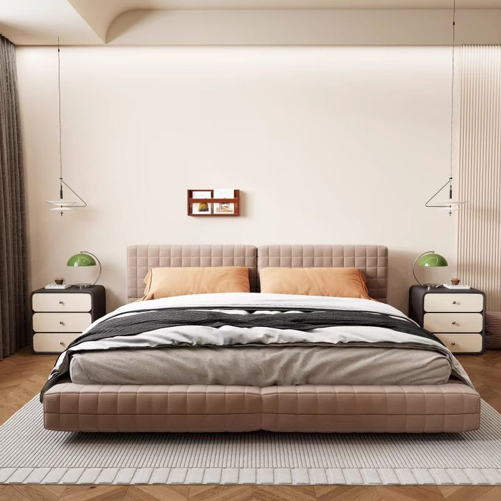 Mesita de noche rectangular redondeada de madera maciza y cuero de lujo moderno para gatos con 3 cajones para el dormitorio 