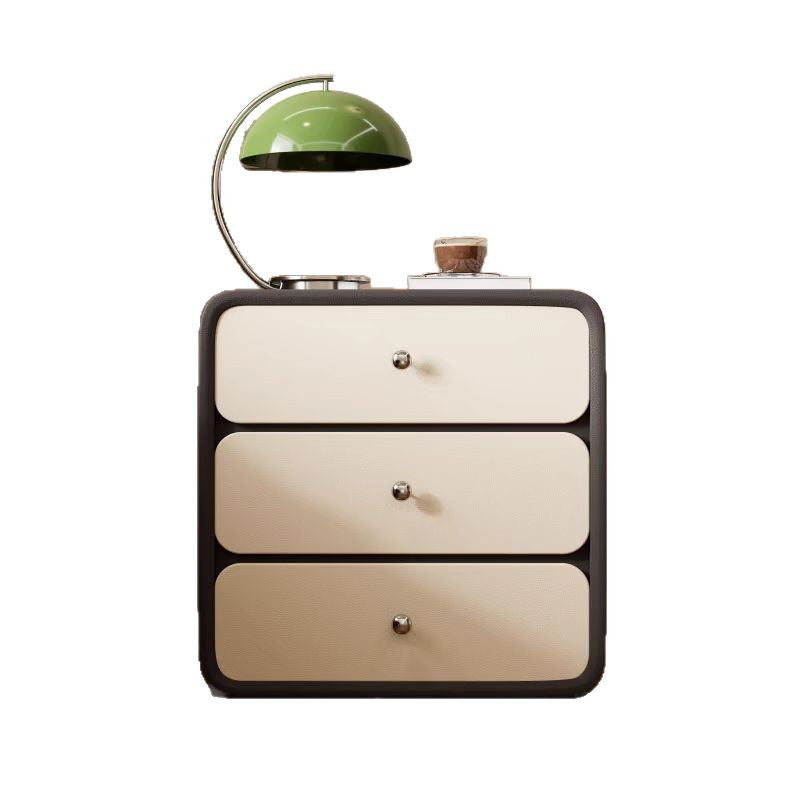 Modern Luxury Cat Scratch Leather Solid Wood Rounded Rectangular Nightstand With 3 Drawers For Bedroom