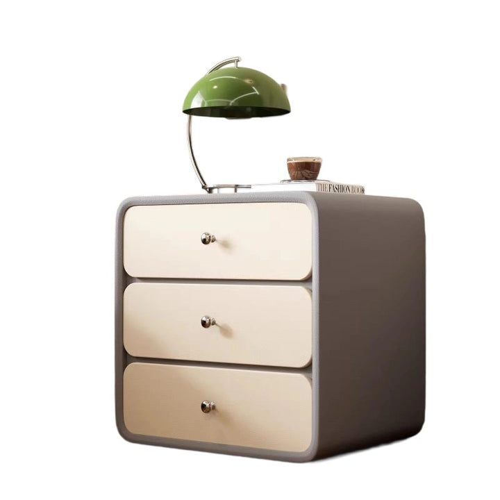 Mesita de noche rectangular redondeada de madera maciza y cuero de lujo moderno para gatos con 3 cajones para el dormitorio 