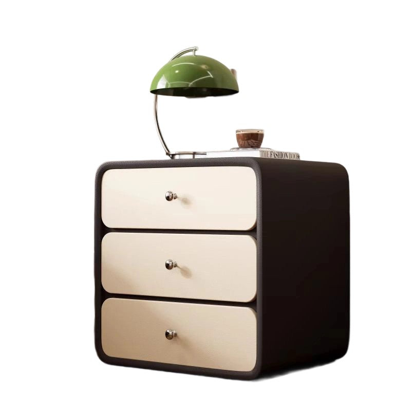 Mesita de noche rectangular redondeada de madera maciza y cuero de lujo moderno para gatos con 3 cajones para el dormitorio 