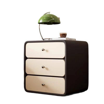 Modern Luxury Cat Scratch Leather Solid Wood Rounded Rectangular Nightstand With 3 Drawers For Bedroom