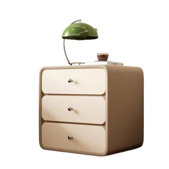 Mesita de noche rectangular redondeada de madera maciza y cuero de lujo moderno para gatos con 3 cajones para el dormitorio 