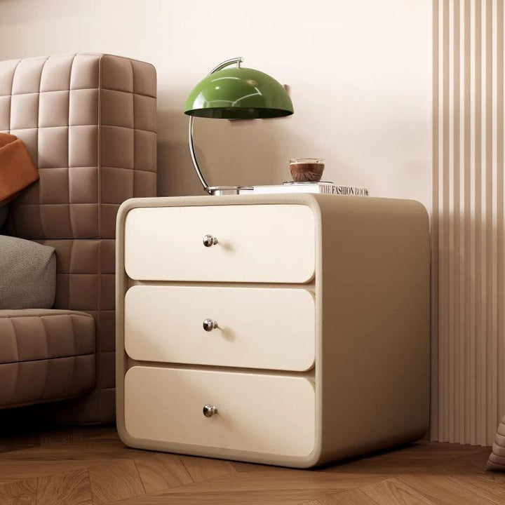 Mesita de noche rectangular redondeada de madera maciza y cuero de lujo moderno para gatos con 3 cajones para el dormitorio 