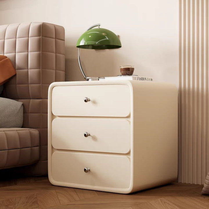 Mesita de noche rectangular redondeada de madera maciza y cuero de lujo moderno para gatos con 3 cajones para el dormitorio 