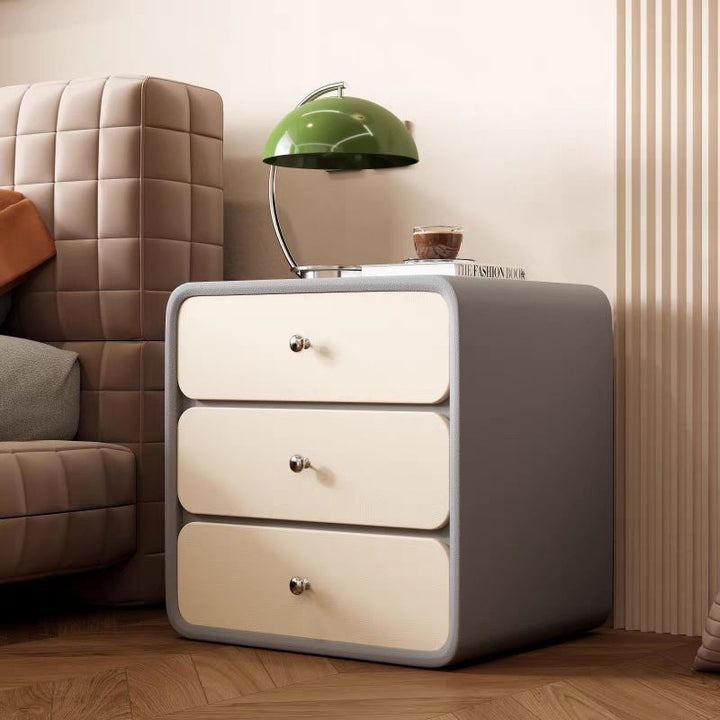 Mesita de noche rectangular redondeada de madera maciza y cuero de lujo moderno para gatos con 3 cajones para el dormitorio 