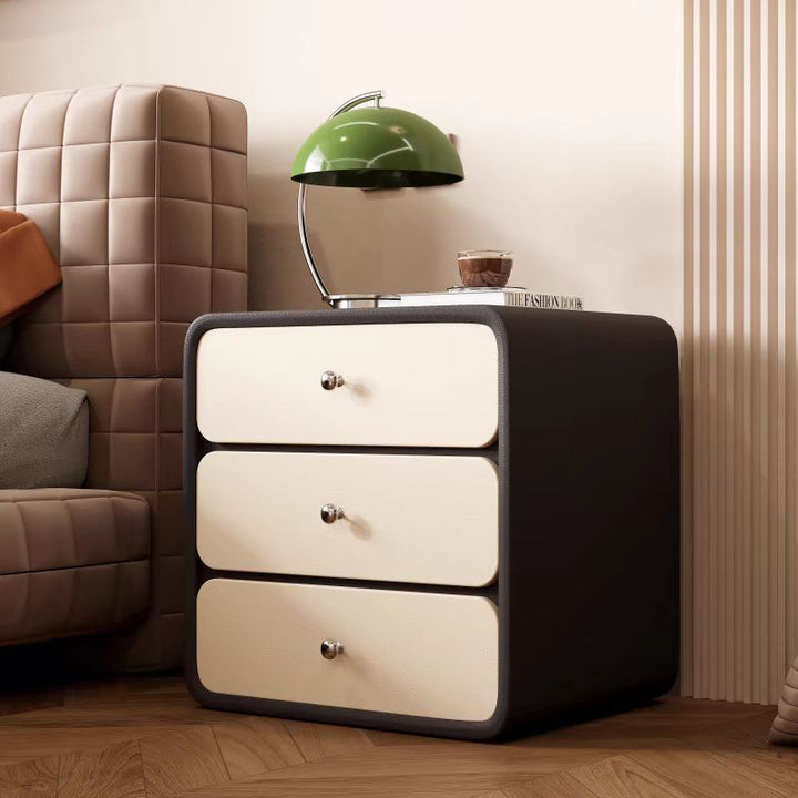 Mesita de noche rectangular redondeada de madera maciza y cuero de lujo moderno para gatos con 3 cajones para el dormitorio 