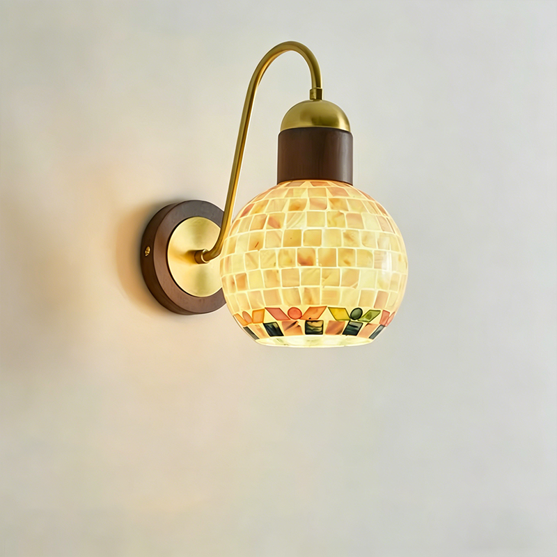 Traditional Vintage Walnut Wood Glass Round Globe 1-Light Wall Sconce Lamp For Living Room