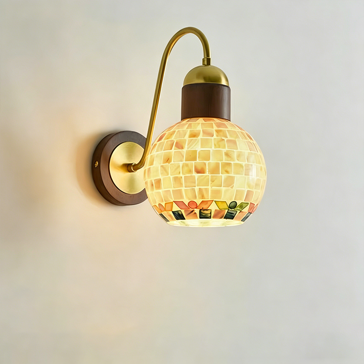 Traditional Vintage Walnut Wood Glass Round Globe 1-Light Wall Sconce Lamp For Living Room