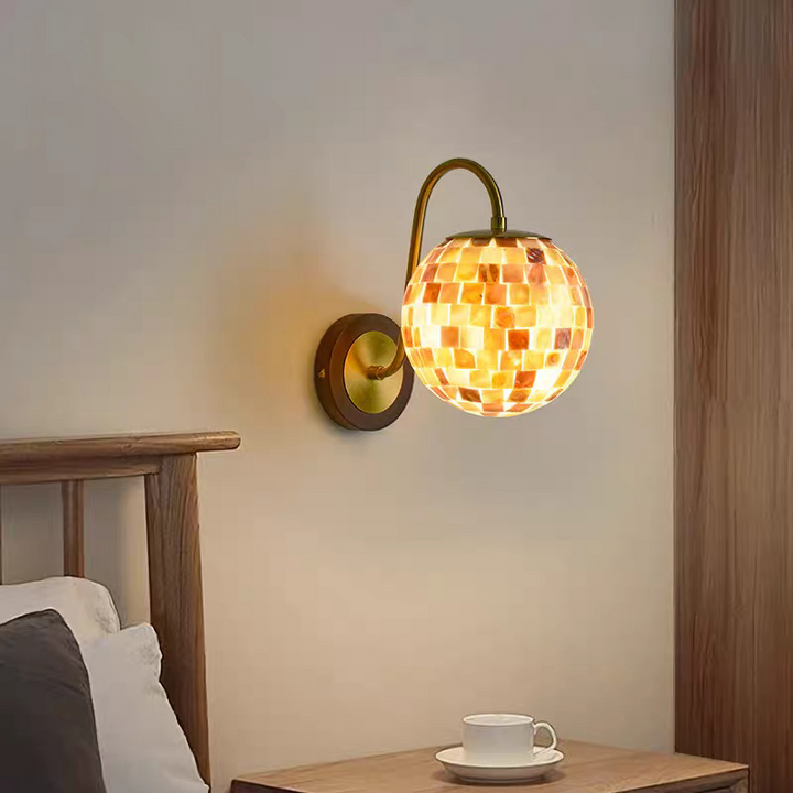 Traditional Vintage Walnut Wood Glass Round Globe 1-Light Wall Sconce Lamp For Living Room