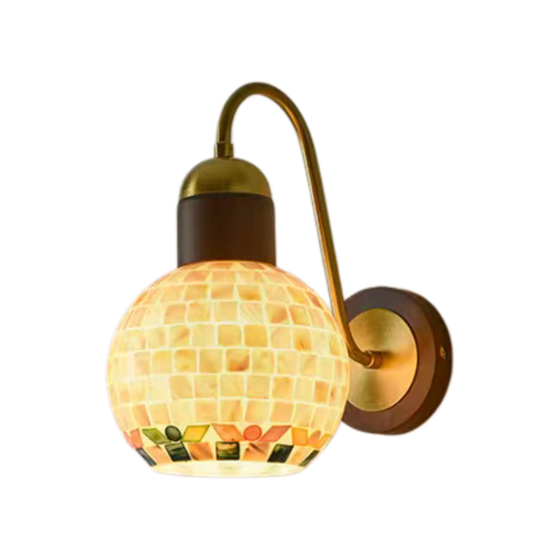 Traditional Vintage Walnut Wood Glass Round Globe 1-Light Wall Sconce Lamp For Living Room