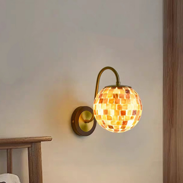 Traditional Vintage Walnut Wood Glass Round Globe 1-Light Wall Sconce Lamp For Living Room